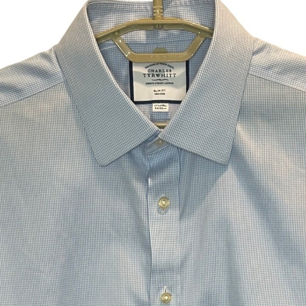 Charles Tyrwhitt Dress Shirt 17.5/34 Mens Blue Slim Fit Non-Iron Houndstooth